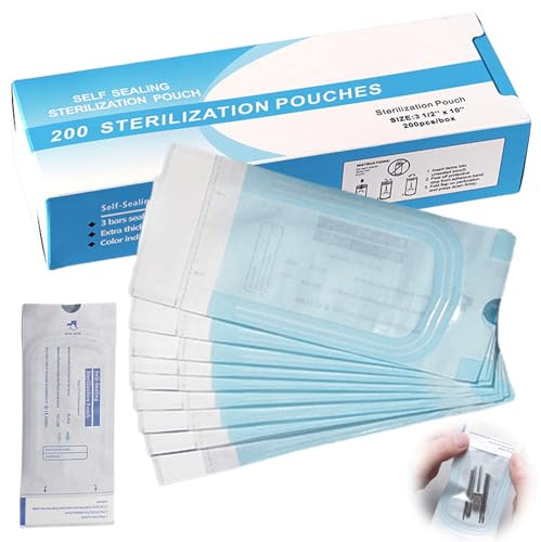 200 Stück Sterilisation Tasche, Sterilisationsbeutel Einweg Selbstklebende, Autoklaven Verschluß Sterilisationsbeutel für Zahnwerkzeuge, Tattoos oder Maniküre (90 x 260 mm)