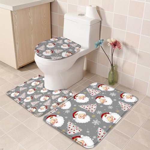 Badteppich-Set 3-Teilig Weihnachten Weihnachtsmann Weihnachtsbaum Winter Schneeflocken Grau U-Förmiger Teppich Waschbar Wc Vorleger Set 3 Teilig Weiches Badezimmer-Garnitur