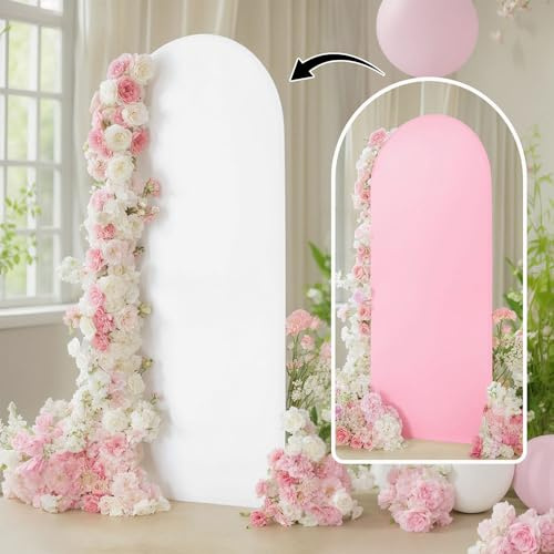 FANSU Toile de Fond Ronde en Forme d'Arche, Réversible Arche Mariage Couverture, Housse de Toile de Fond pour Décoration de Mariage, Cérémonie, Fête d'anniversaire (6.6FT (200x100cm),Blanc-Rose)