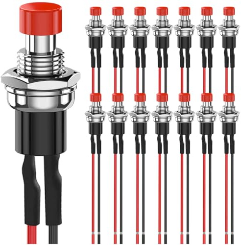 MKBKLLJY 15 interruttori a pulsante momentanei rossi da 7 mm, 1 A, 100 V, 110 V, 220 V, 250 V, AC, 2 pin, SPST ON OFF, 1 A, 12 V, 24 V, 36 V CC, mini micro interruttori rotondi con fili precablati per