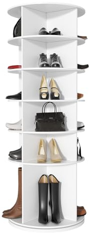 Schuhregal, 360°Drehbarer Display-Ständer,Eckregal,7 Schichten mit Großer Kapazität, Weiß,Bücherregal mit 4 Fächern,Fasst 28 Paar Schuhe,Schuh-,Taschen-,Buch- und Küchenutensilien-Organizer (6 Etagen)