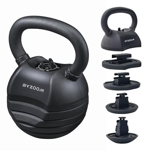 BYZOOM FITNESS Verstellbare Kettlebell 13,6KG, 5-in-1 Kompakte Gewichtseinheit für Home Fitness, Krafttraining und Ganzkörper Workouts Ideal für Anfänger und alle Altersgruppen Männer & Frauen, Black