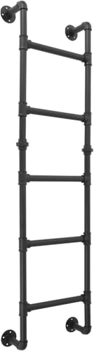 5-Rung Bunk Bed Ladder, 5.4×1.5FT Wall Mount Basement Window Well Egress, Black Wrought Iron Industrial Pipe Step Loads 330lbs, Indoor Outdoor Metal for Attic Loft Dorm RV Deck Wall(5.4FT/165cm)