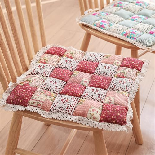 Morbuy Blumen Muster Sitzkissen, Sitzkissen Outdoor & Indoor, Weiches Stuhlkissen mit Bändern, Sitzauflagen Gartenmöbel mit Spitze, Steppkissen Stuhlkissen für Esszimmer (Rot,40x40cm-2pc)