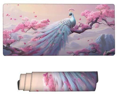 Tapis de Souris Gaming,1500x800x3mm Grand Tapis de Souris Blanc Tapis de Souris Gamer,sous Main Paon Tapis Souris,Tapis de Souris à Bords Cousus,Base en Caoutchouc Antidérapante,Deco Bureau ZH-208