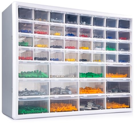 CraftGenes Organiseur de rangement à vis – Boîte de rangement pour garage et atelier à 44 tiroirs avec séparateurs réglables, organiseur mural pour outils (gris)