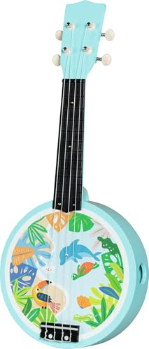 goki 61870 - Banjo en bois et plastique - Instrument de musique avec motifs d'animaux - Favorise l'intérêt musical et la motricité des enfants - Avec médiator et cordes de rechange - À partir de 5 ans