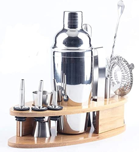 QTANZIQI Juego de 11 Piezas de coctelera de Acero Inoxidable, tapón para Botella, Cuchara, Clip, Herramientas de Barra con Estante para Vino y Receta de cóctel