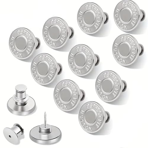 IMAXWAVE Set de10 botones retráctiles de metal para pantalones vaqueros, repuesto ajustable de 17 mm, ideal para jeans, faldas y chaquetas, dos colores cobre y plateado, instalación rápida - Plateado