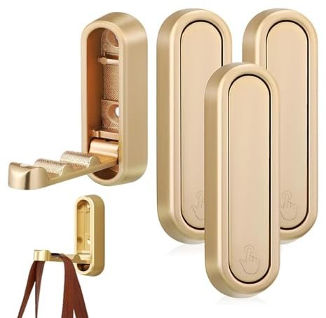 4PCS Gold Foldable Wall Hooks, Metal Foldable Hooks Wall Wount for Bathroom, Kitchen, Bedroom – Space-Saving, for Towels, Coats, Bags, Easy Installation (4, Gold)