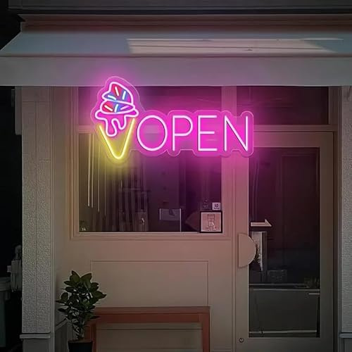 KADAFAGO LED Neon Open Sign with Ice Cream Cone Design, USB Powered, Wall Hanging Plastic Neon Light, Switch Controlled, Multipurpose Room Decor, Business Signage for Ice Cream Trucks and Shops