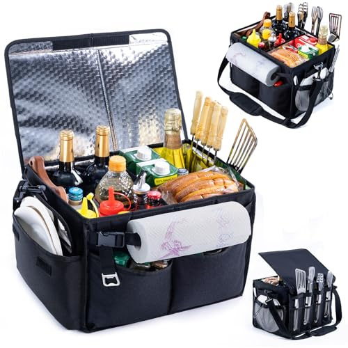 FRECOLSH Large Grill Caddy with Lid – BBQ Organizer for Camping, Tailgating, RV, Boating – Grilling Gifts for Men – Collapsible Griddle Tote Bag with Shoulder Strap – Outdoor Essentials