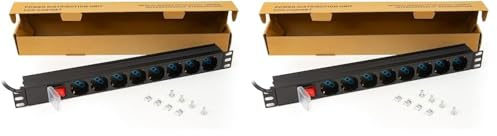 Link multipresa da rack LK10065 con 8 prese universali/Schuko/tripolari, con interruttore e spina C14. Per rack 19”, in metallo resistente, 3,5KW, misure 48,5x4,5x4,5. Alette reversibili.