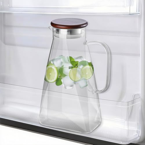 TELANKS 1800ML Wasserkaraffe mit Deckel, Wasserkaraffe für Kühlschranktür, Karaffe für Heiß- & Kaltgetränke geeignet Robuste Glaskaraffe, Transparent