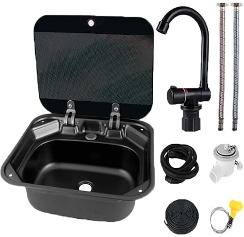 CHBMZ RV Camping Spüle Bausatz mit Klappbarem Wasserhahn und Deckel aus Gehärtetem Glas, Handwaschbecken aus Edelstahl, 42 X 37 X 15 cm, für Wohnmobil, Boot, Zuhause, Wohnwagen(Black)