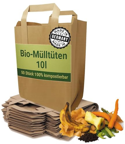 Biomüllbeutel mit Henkel 10L | 50 Stk. Reißfest Papiertüten Bio Mülltüten aus Papier Bioabfalltüten Biomülltüten für Bio Müll mit Tragegriff 100% kompostierbar von Quertee