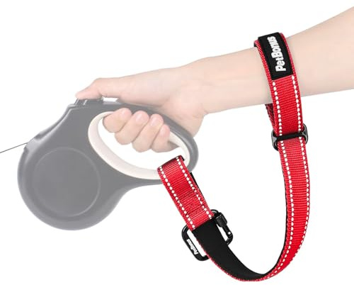 PetBonus handledsrem för hundkoppel, säkerhetsrem för utdragbart koppel, låsbar reflekterande kort promenadkoppel med mjukt vadderat handtag, extra säkerhetsskikt för husdjursvagn (röd)