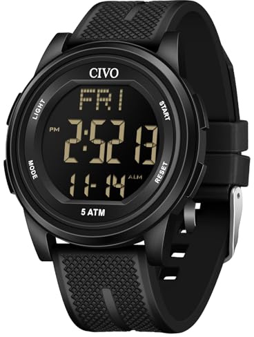CIVO Digital Mens Watches Sports: Black Waterproof Wristwatch with Stopwatch Alarm Date - LED Screen Big Numbers Watch for Men Outdoor - Camping Hiking Cycling