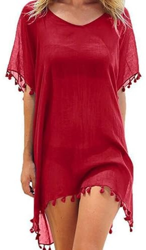 XFSRG Mujer Suelto Vestido de Playa V Cuello Gasa Camisolas y Pareos con Borla Ropa de Baño de Playa Transparente Bikini Cover Up (Rojo)