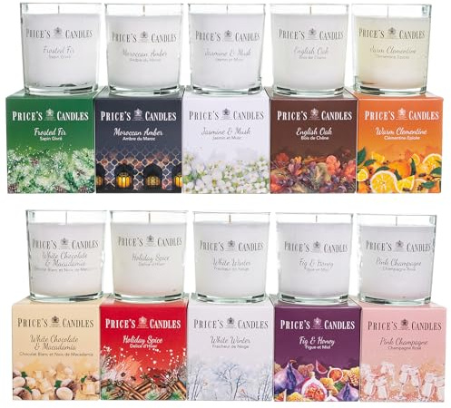Price's Candles Luxury Jar Candle Set of 10 Long Burning Scented Candles Decorative Glass Jar Candle Collection for Home Fragrance Relaxation and Gift Giving | Long-lasting burn, assorted fragrances, decorative glass vessels, ideal for gifting, relaxing ambience, home styling