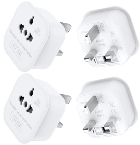 4Pack European to UK Plug Adaptor, US to UK Travel Plug Adapter | with 13A Fuse for US, EU, Australia, Thailand, Canada, Japan and More Travel Essential (Type-G to Type A, B, C, I, E, F, L)