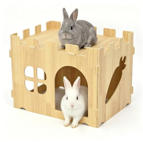 rloao Large Wooden Rabbit House and Hideout, 40 x 30 x 30 cm | Detachable Bunny Playhouse, Adult Rabbit Hideaway for Guinea Pig