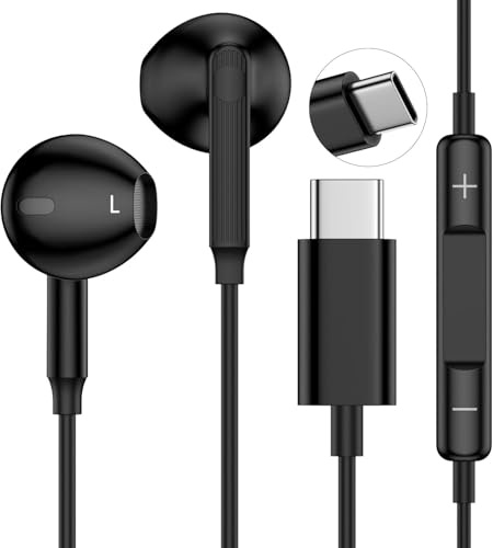 USB C Headphones with Cable for iPhone 17 16 15 Pro Max/Plus iPad Pro, In-Ear Headphones with Type C Cable, Microphone, Volume Control for Samsung S23/S22/S21/S20/A53/A54 Google Pixel 8/7/6A/5/4-Black