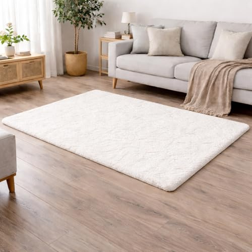 Goolela Teppich Weiß 120x180 cm Schlafzimmer Wohnzimmer, Flauschiger Hochflor Teppich, Weich
