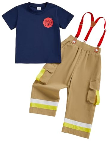 Toddler Kid Firefighter Outfit Fire Fighter Themed Halloween Cosplay Outfit | Toddler Fireman Clothes For Boys Girls Short/Long Sleeve Shirt+Pants 2Pcs Outfit