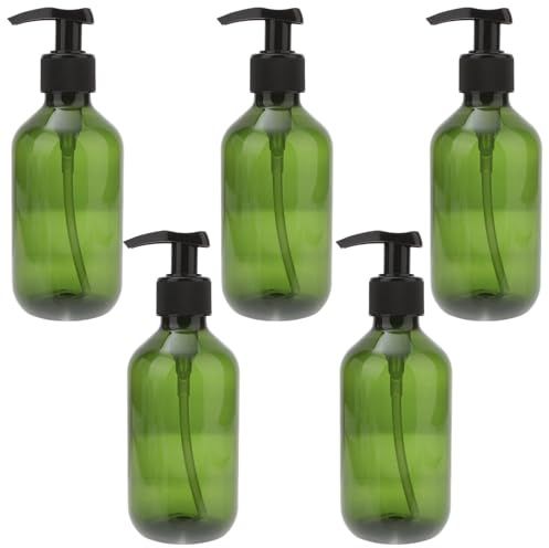 Botellas Vacías de Plástico de 300ml, 5 Piezas, para Champú | Verde Oscuro, Diseño Portátil Reutilizable, Bomba de Presión Tubo Largo, para Agua y Emulsión Estilo Aleatorio