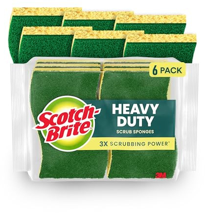 Scotch-Brite Heavy Duty Scrub Sponge, 6 Kitchen Sponges Designed for Tough Messes in the Kitchen that Last 3X Longer*, Best for Cast Iron Skillets and Outdoor Grills, Flexible, Durable, and Strong