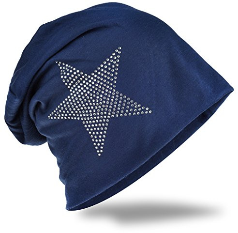 Miobo Jersey slouch beanie lång mössa stjärna med strass applikation unisex enfärgad män kvinnor trend, Mörkblå, En Storlek