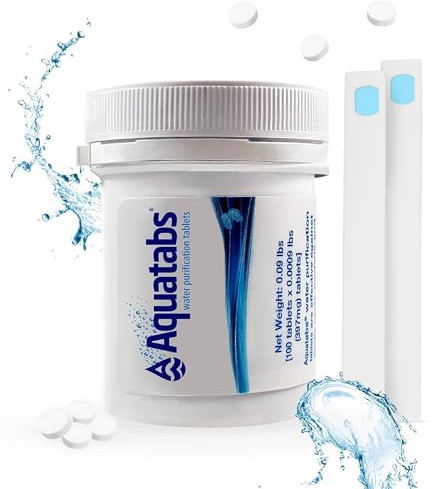 Aquatabs drickstabletter för vattenrening – 100 tabletter + 2 klortestremsor – vattenrenare startpaket för båttankar och husbil – av Aquamarine Water Solutions