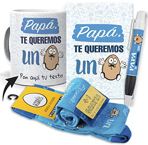 mundohuevo Super Regalo Divertido Papa. Taza (Personalizada), libreta, boli y Trio de Calcetines. Papa te Queremos un Huevo. Pon el Nombre Que tu Quieras en la Taza