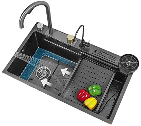 Edelstahl-Wasserfall-Spüle für Küche, Schwarz, Nano, großes Einzelwaschbecken, Aufsatz-Multifunktions-Ausziehhahn, Wasserhahn für Zuhause, D175 x 45 cm, Digitalanzeige