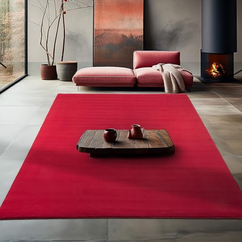 Teppium Rutschfester Kurzflor Teppich 140 x 200 cm Rot - Waschbar, Flauschig und Extra Weich - Modern Einfarbig für Wohnzimmer, Schlafzimmer, Kinderzimmer, Esszimmer und Küche