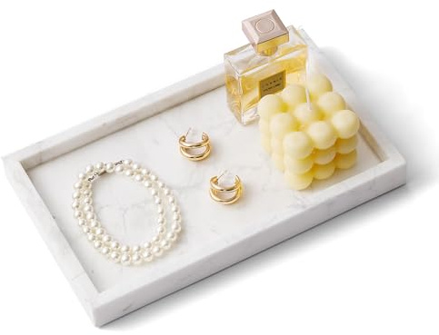 WORHE Italy Marble Vanity Tray for Jewelry, Perfume, Makeup, Candle, White | Towel Natural Modern Decorative Trays for Bathroom Bedroom Dresser Rectangle Kitchen Storage Organizer for Home Decor (FX031)