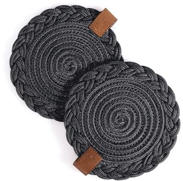 Darido set de 2 Posavasos Negro de Algodón Trenzado, Regalo Hecho a Mano,15cm, Decoracion Mesa Comedor,Vajillas Navideñas,Tapete Mesa Lavable, Mantel Individual Redondo para Hogar, Cocina, Restaurante