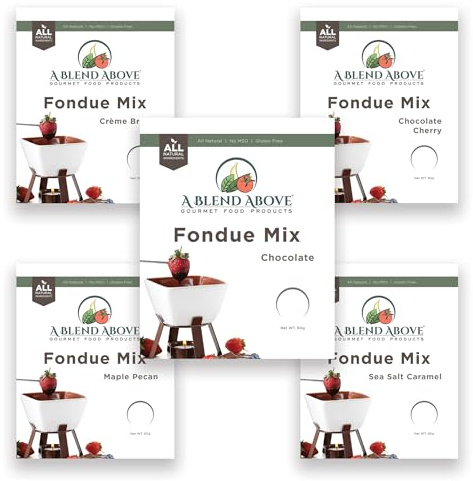 A Blend Above Fondue Mix - Creme Brulee, Sea Salt Caramel, Maple Pecan, Chocolate Cherry, and Chocolate, 2.12 ounces, All Natural Flavor, No MSG, Gluten-Free. No Preservatives, Easy to Make, Fruit Dip, Premium Fondue Dipping, Perfect for Dessert