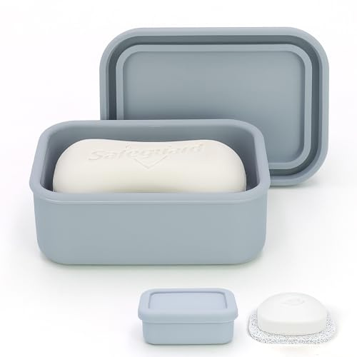 AIDIMMING Leak Proof Silicone Travel Soap Case with Drain Pad, Compact Bar Soap Container with Lid, Portable Soap Holder for Standard Bar Soap & Handmade Soap, Travel Camping Gym (Light Gray)