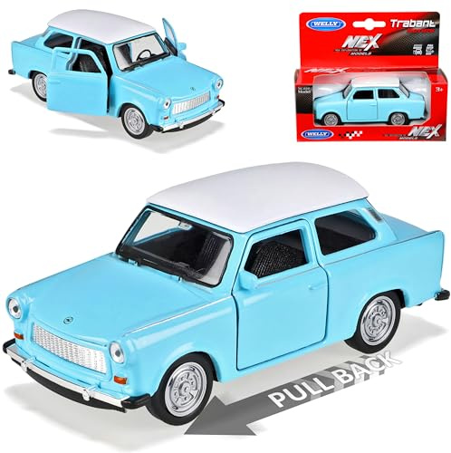 Welly Trabant 601 Limousine Blau mit Weißem Dach und Rückzugsmotor ca 1/43 1/36-1/46 Modell Auto