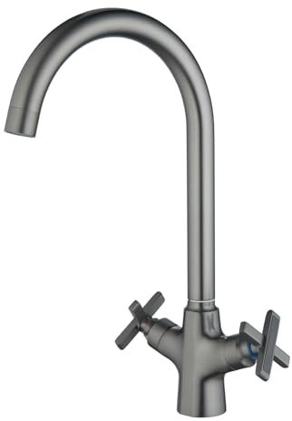 BELZ Rubinetto Lavello Cucina,Miscelatore 360° Girevole con Acqua Calda e Fredda,Rubinetto Miscelatore Doppio Comando con 2 Manopole Croce,Rubinetti per Lavelli da Cucina,Ottone Cromato(Grigio Scuro)