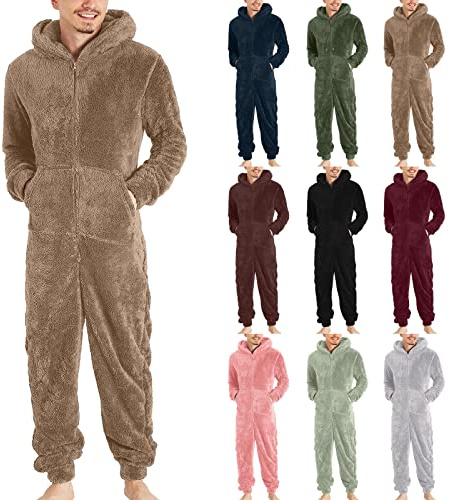 Pijama con Capucha Hombre Mono Pijama de Forro Polar Franela Invierno Pijama Hombre Cremallera Ropa de Dormir Espesa Pijamas Entero de Una Pieza Color Sólido Talla Grande Caliente