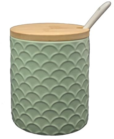 MUVELL Keramik Gewürzdose mit Löffel und Deckel, 9,5 cm hoch, 8,5 cm Durchmesser, für Zucker, Salz, Tee und Gewürze