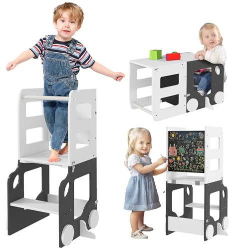AIYAPLAY Torre de Aprendizaje Montessori 4 en 1 Taburete de Aprendizaje para Niños de +3 Años Convertible en Mesa y Silla con Pizarra de Doble Cara Barra de Seguridad 58x46x92 cm Blanco y Gris