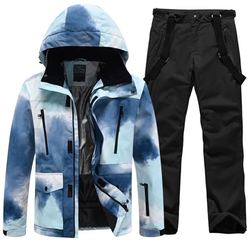 HOTIAN Traje de nieve para hombre Chaqueta de esquí y pantalones conjunto invierno cálido nieve esquí conjuntos para senderismo escalada aislado snowboard, 7Blue+Black, M