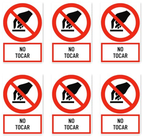 Pegatinas: 75 x 50 mm, 6 unidades – No tocar – Idioma: español – Señal de prohibición con texto (rojo/blanco) – vertical – P010 – DIN EN ISO 7010