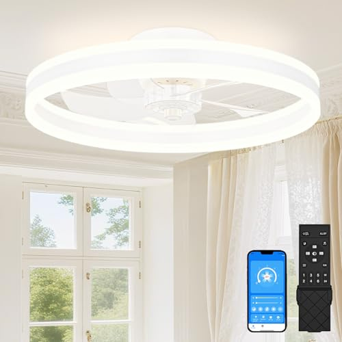 SUNKENET Ceiling Fans with Lights and Remote, 50cm Ceiling Fan Light, 3000K-6500K Dimmable Smart LED Fan Light, 6 Wind Speeds & Reversible, White Modern Queit Fan Light Ceiling for Bedroom