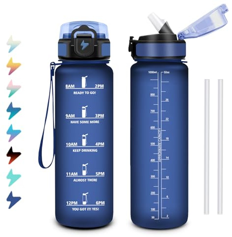 Bouteille d'eau 1L, Gourde Motivation avec Marqueur de Temps, Gourde avec Paille, Facile à Nettoyer, Étanche et Réutilisable, Bouteille pour Bureau, Déplacements, Yoga, Course à Pied, Camping