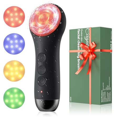 Facial Cleansing Brush IPX-7 Waterproof Electric Face Brush Rechargeable Silicone Face Scrubber with 4 Colour LED Light Therapy, 5-Speed Exfoliating Massaging Beauty Skin Device for Men Women (Black)